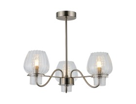 D1073SN/CL  Barksdale 46cm Upward Multi Curved Arm Semi Ceiling, 3 x G9, With Tapered Glass Shade, Satin Nickel/Clear